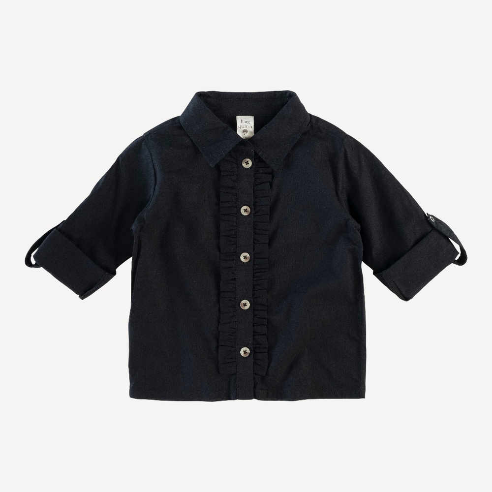 NWT 8Y Kate Quinn Long Sleeve Rolled Tuxedo Shirt Black Cotton Woven Ruffle